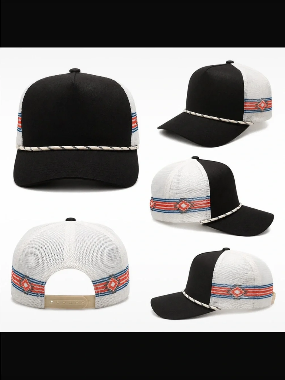 Black and White Trucker Cap with Southwestern Accent